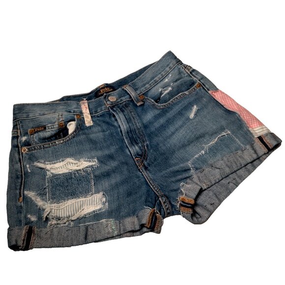 Polo Ralph Lauren Very Boyfriend Jean Shorts Size 25 Denim Patchwork Distressed - Picture 1 of 16
